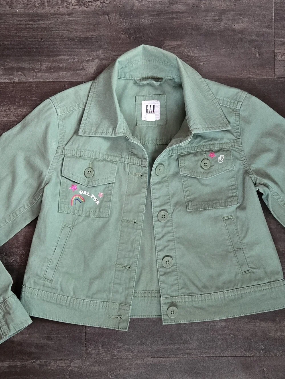 GAP Girls' Mint Green Jean Jacket with Embroidered Patches